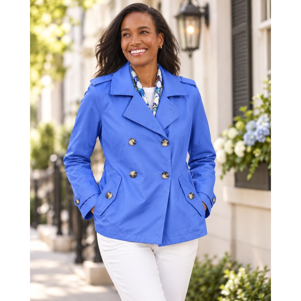 Talbots Blue Double Breasted Short Trench Coat Jacket XL Polished Prepppy